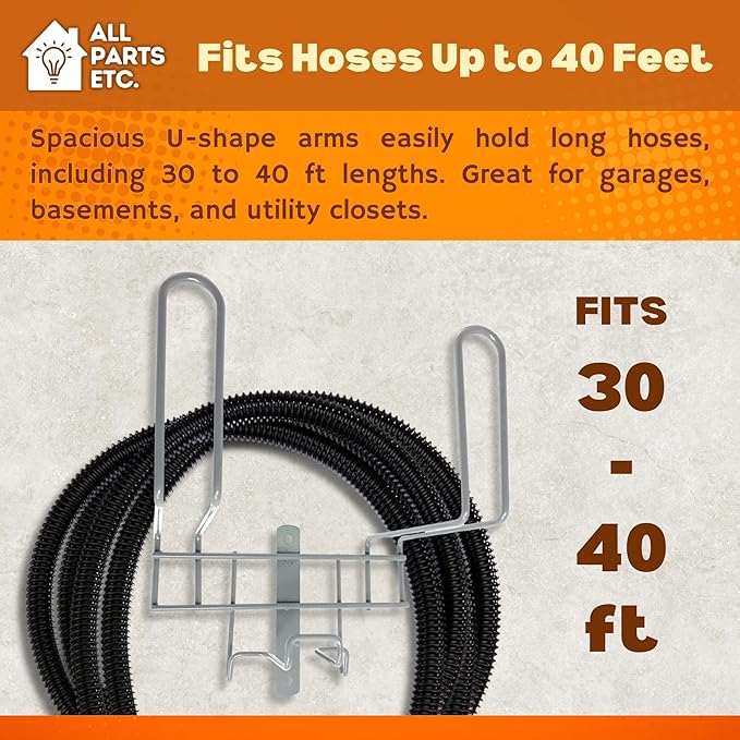 Deluxe Vacuum Hose Hanger – Heavy Duty Metal Wall Mount Storage Rack for Central & Canister Vac Systems – Fits 30-40 Ft Hose – Includes Screws & Anchors – Gray