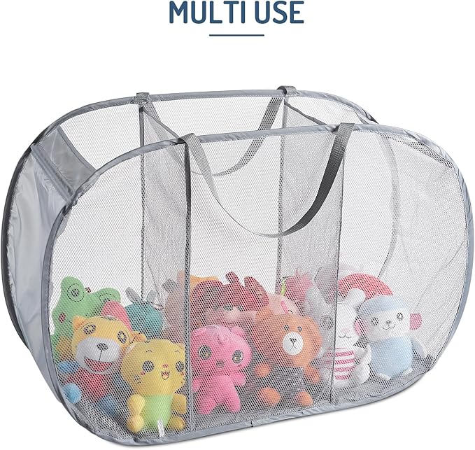 Mesh Popup Laundry Hamper 3 Compartment Sortable Horizontal Collapsible Laundry Basket for Clothes Laundry Room Bedroom Toys Travel (Gray)