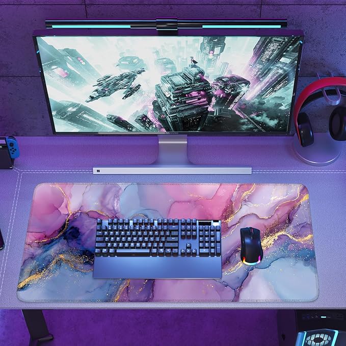 Purple Marble Ink Mouse Pad – Large Extended Desk Mat 35.43 x 15.75 in – Alcohol Ink Watercolor with Gold Vein Design, Non-Slip Base, Waterproof Surface, Aesthetic Keyboard & Mouse Pad