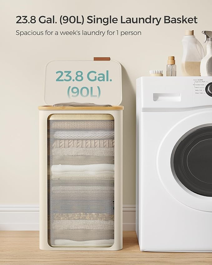 SONGMICS Laundry Hamper with Lid, Large Laundry Basket, 23.8 Gallons (90L), Removable Mesh Liner, Bamboo Handles, Collapsible, 16.5 x 12.6 x 27.8 Inches, Cream White ULCB509W01