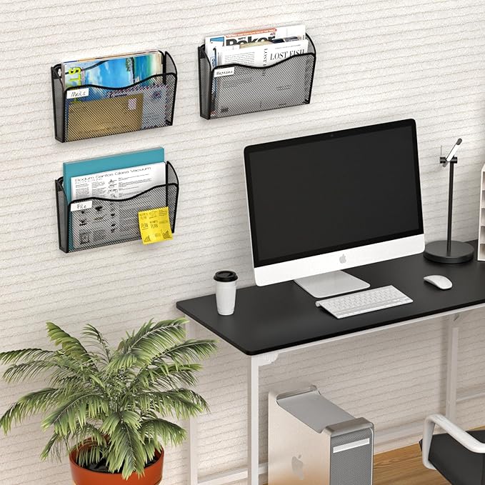 Wall File Organizer, Mesh Hanging File Organizer, Home Office Organization and Storage, 6 Single Pockets Document Magazine Rack
