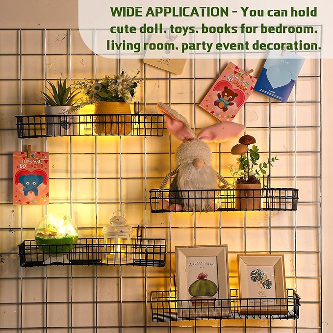 Blulu 4 Pcs 15.75 x 5.91 x 1.97 Inch Metal Grid Wall Baskets with Hooks Grid Wall Shelves Hanging Wire Basket Multi Function Storage Organizer for Kitchen Organizing Display (Black)