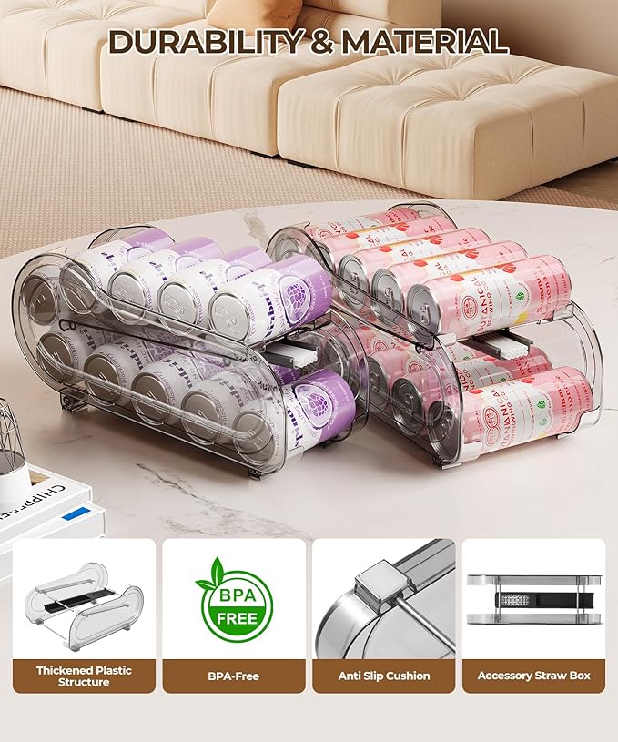 Drink Organizer for Fridge, Soda Can Organizer Dispenser for Refrigerator with Automatic Rolling,Organize Standard Size 11.15oz or 12oz Cans Drink,Save space for Fridge、Kitchen、countertop （2 pack）