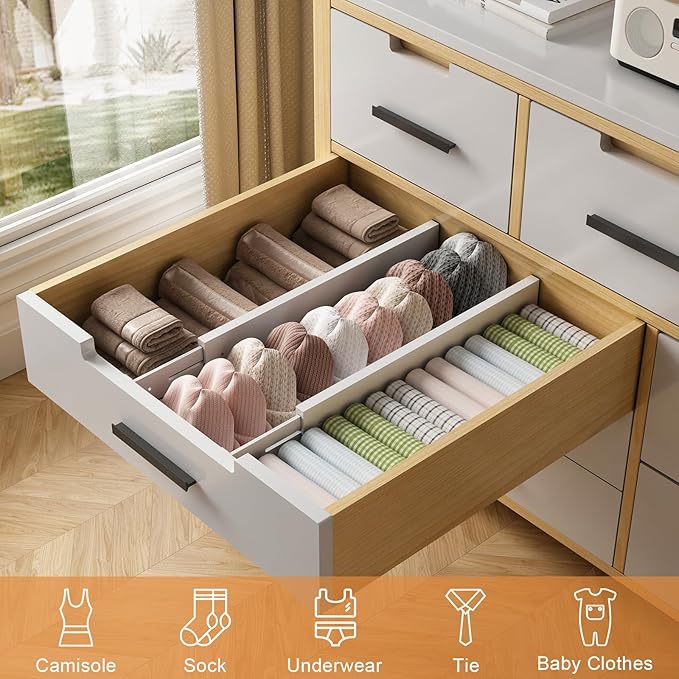 Bamboo Drawer Dividers,17-22" Adjustable Kitchen Drawer Organizer for Clothes,4 Pack Expandable Drawer Organization Separators for Bedroom,Bathroom,Dresser and Office,White