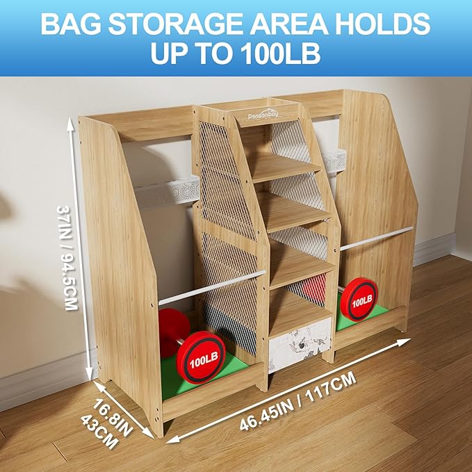 Golf Bag Storage Organizer for Garage, Premium Wooden 2 Golf Bags Rack with Drawer, Easy Assemble Golf Club Stand/Holder Suitable for Garage Home Simulator and Office