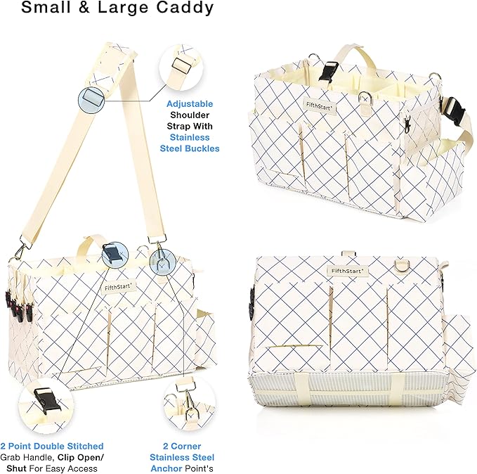 FifthStart Professional Cleaning Caddy - Heavy-Duty Organizer Tote with Adjustable Compartments, Mesh Base, 9 Pockets & Shoulder Strap for Cleaning Supplies (Blue Check, LArge)