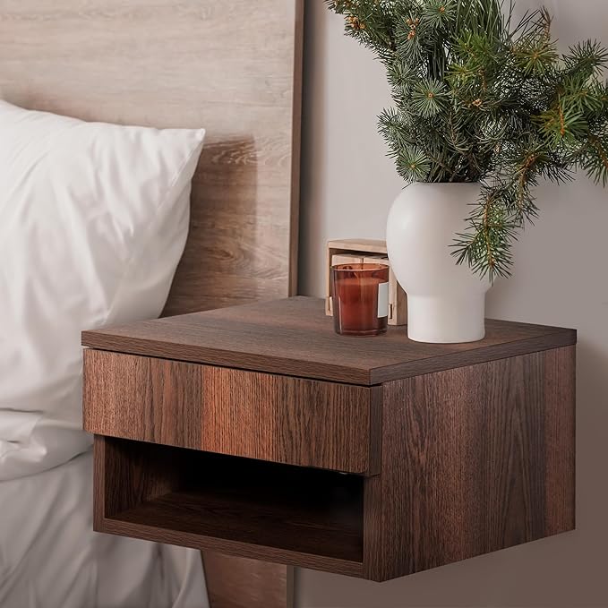 JONATHAN Y NST2002A Ettore 15.71" Mid-Century Modern Floating Wall Mounted Nightstand with Soft-Close Drawer and Cable Hole, Dark Brown