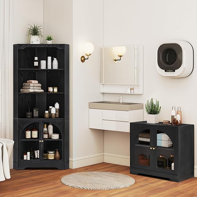 Mid-Century Modern 70" H Tall Coner Storage Cabinet with Doors & Adjustable Shelves, Wood Home Coner Pantry Hutch for Kitchen, Dining Living Room, Bathroom, Antique Dispaly (Black)