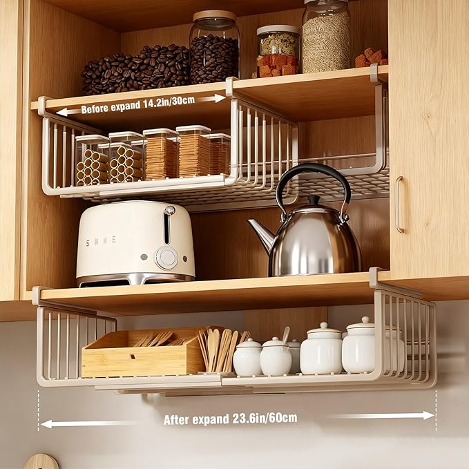JIABEIUS 2 Pack Under Shelf Storage Basket, Extendable Under Cabinet Organizer, Pantry Organizers and Storage Hanging Rack for Kitchen Laundry Room Desk Counter Bookshelf