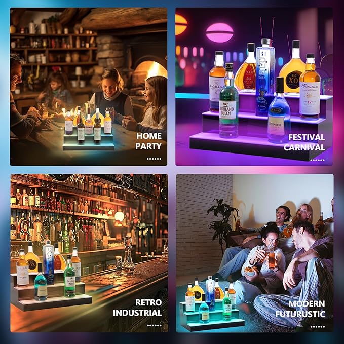 Led Lighted Liquor Bottle Display Shelf, 24 Inch 3 Tier Whiskey Rack, Support USB, Bar Stand with RF Remote & App Control, Illuminated Acrylic Lighting Shelves for 21 Bottles, Home Bar, Party