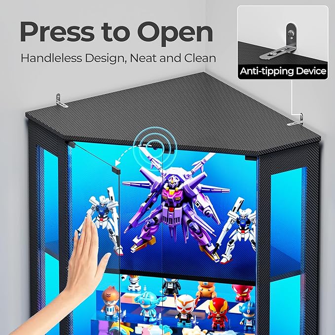 IRONCK 71 Inch Carbon Fiber Corner Glass Display Cabinet with Human Body Sensor & 6-Color LED Lights, 4-Tier Tempered Glass Display Case with 2 Adjustable Shelves for Collectibles, Toys, Black