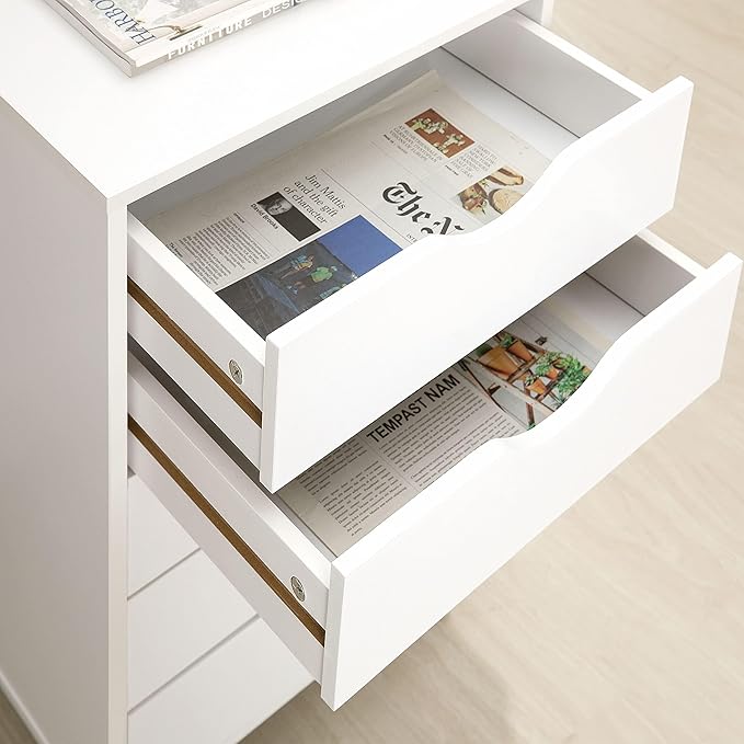 Naomi Home Taylor 5 Drawer Chest, Wood Storage Dresser Cabinet with Wheels, Craft Storage Organization, Makeup Drawer Unit for Closet, Office File Cabinet 180 lbs Total Capacity - White