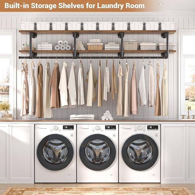 Aheaplus Industrial Pipe Clothes Rack with Top Shelf, 73In Space-Saving Wall Mounted Clothing Rack, 2 Tiers Heavy Duty Pipe Clothing Shelves with Hanging Rod for Laundry Room, Closet, Rustic Brown