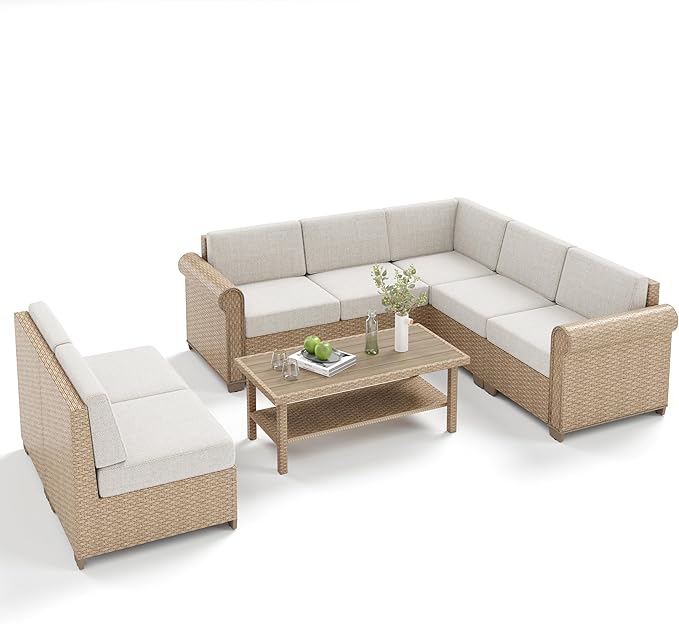 Patio Furniture Set, 8 Piece Outdoor Rattan Wicker Sectional Conversation Set with 5.5" Thick Waterproof Cushions and Coffee Table