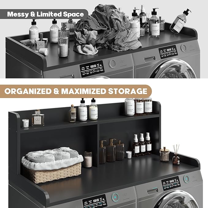 2-Tier Washer Dryer Countertop, 18.5" Raised Height Laundry Countertop with Edge Rails and Non-Slip Pad, 54"W x 27.55"D Washer and Dryer Topper for Laundry Room Storage Organization (Black)