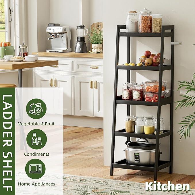 Bookshelf, 5 Tier Ladder Bookcase with Bamboo Frame, Freestanding Tall Narrow Display Plant Shelf for Living Room, Kitchen, Bedroom, Balcony, Black