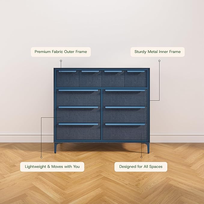 Naima Premium Fabric Dresser - Strong Metal Frame, 10 Spacious Sag-Proof Drawers with Sleek Metal Handles - Premium & Durable Storage Solution for Your Home (Navy)
