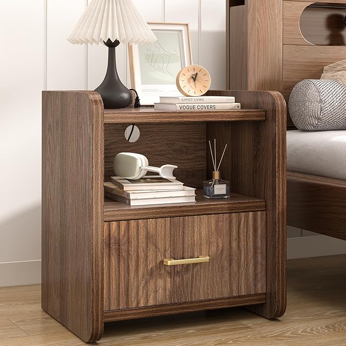 Night Stand with Charger Station, Fluted Wood Nightstand with Drawer Storage, Modern Bedside Table, Wide Nightstands for Bedroom, Mid Century Wooden Night Stands for Home Office Sofa Couch