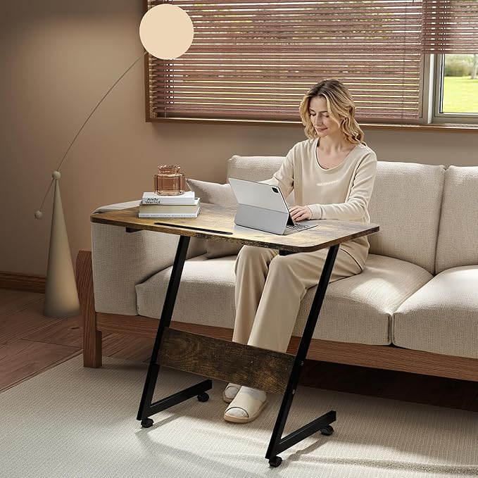 Overbed Bedside Table with Wheels,Small Desk Portable Rolling,Overbed Table Home Use, Portable Computer Stands,Movable Desk (Rustic Brown)
