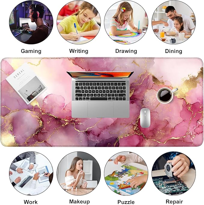 Pink Marble Ink Mouse Pad – Large Extended Desk Mat 35.43 x 15.75 in – Elegant Watercolor Gold Foil Design, Waterproof Surface, Non-Slip Rubber Base, Keyboard & Mouse Pad for Office or Gaming
