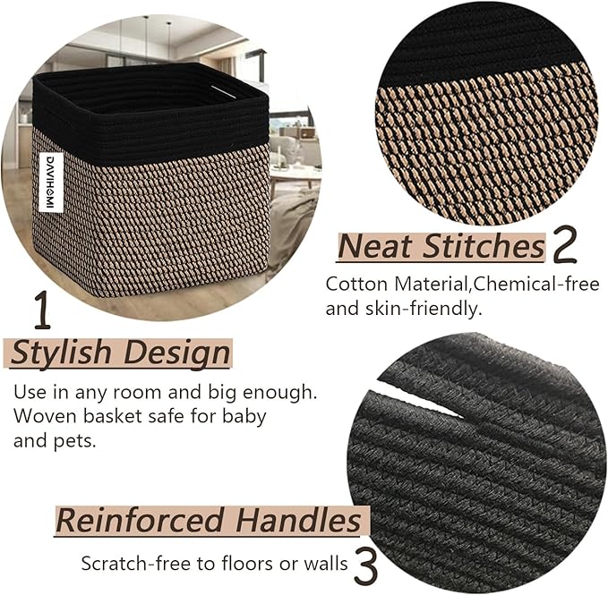 Cube Storage Bins 11 Inch Cotton Rope Woven Storage Basket for Organizing 3 Pack | Storage Cubes for Organization and Storage | Square Cube Organizer | Closet Toy Bin（Black Jute）