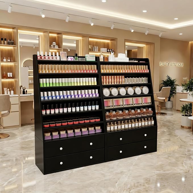Nail Polish Rack with 2 Drawers, Salon Display & Storage Cabinet with Acrylic Baffle, Holds 700+ Bottles of Polishes, Essential Oils & Perfumes, Suitable for Nail Salon & Beauty Store, Black