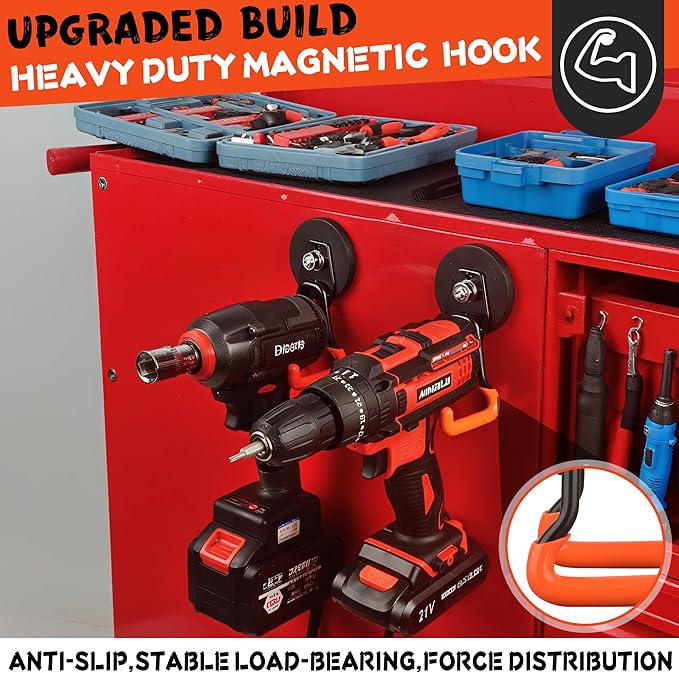ULIBERMAGNET New Upgraded Heavy Duty Magnetic Garage Hooks,4 Pack Strong Large Magnet Hooks for Power Drill,Garden Tools,Hose,Pegboard,Garage, Workshop,Magnetic Storage Hook for Hanging(Orange)