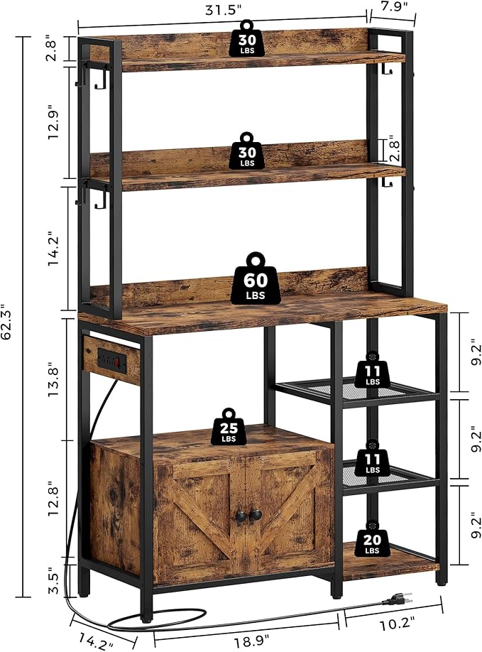 IRONCK Bakers Rack with Cabinet, Kitchen Bakers Rack with Power Outlets, Microwave Stand with Storage, Coffee Bar with 8 Metal Hooks