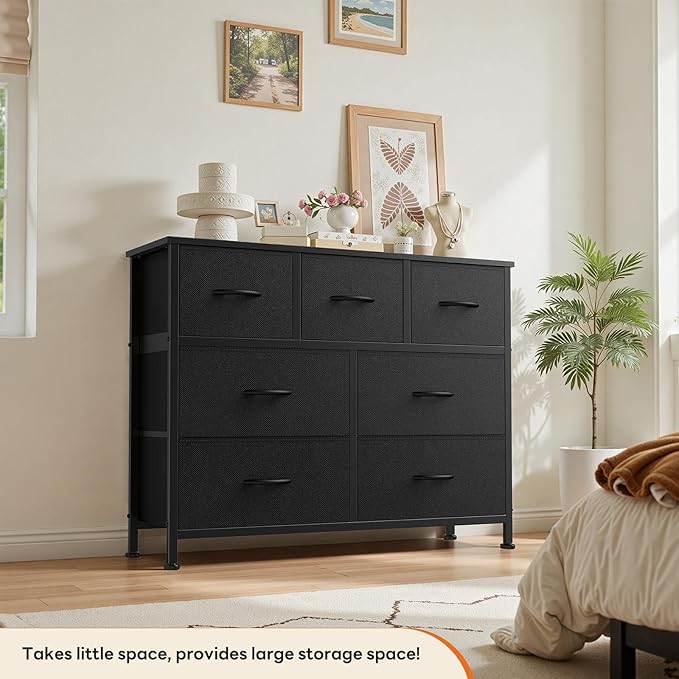 Sweetcrispy 7 Drawer Dresser with Fabric Bins Fabric Storage Tower Organizer for Bedroom Closet Hallway Entryway Tall Chest of Drawers with Steel Frame Wood Top Easy Pull Handles,Black