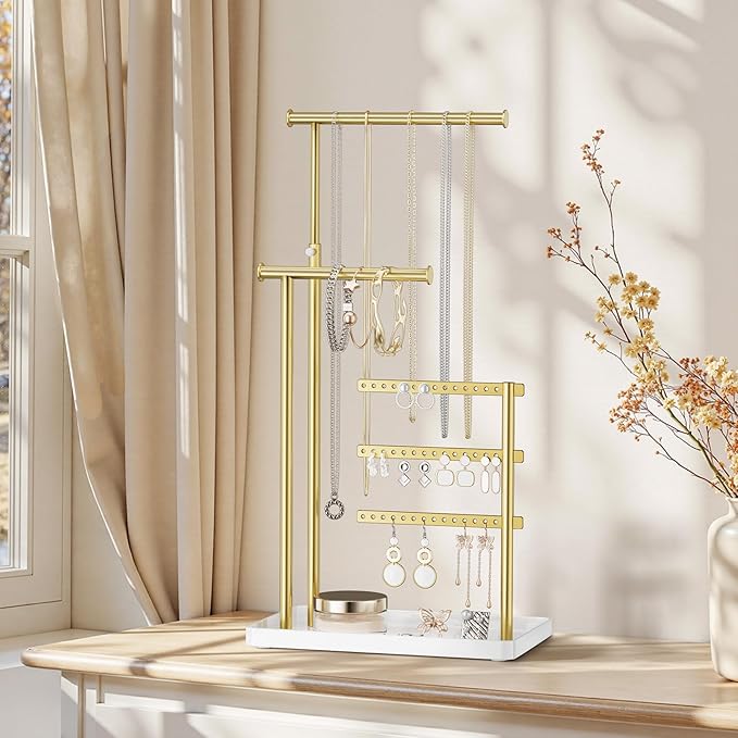 Jewelry Holder Organizer Stand - Adjustable Tall 17.5" (Max), Sturdy Jewelry Hanger for Necklaces, Earrings, Bracelets, Rings, Jewlery Display and Storage, Gold and White, Metal