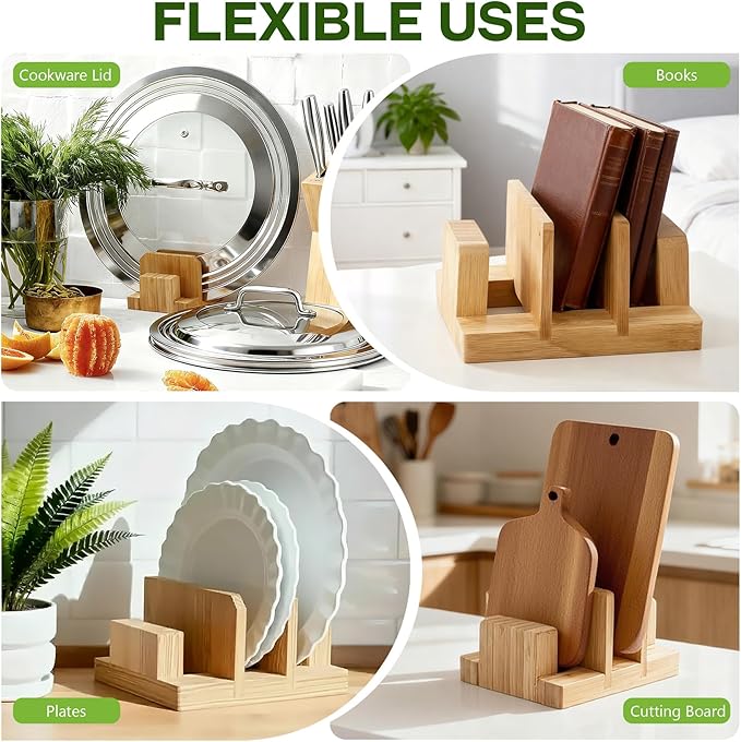 Bamboo Pot Lid Holder, Cutting Board Organizer Holder, Dish Plate Pot Lids Organizer Rack for Cabinet and Countertop