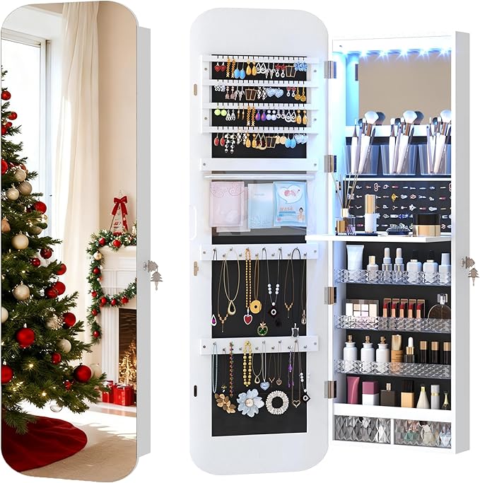 Vlsrka 47.2" LED Mirror Jewelry Cabinet, Wall/Door Mounted Full Length Mirror with Storage, Lockable Jewelry Armoire with Mirror, Rounded Corner Hanging Mirror Jewelry Organizer, White