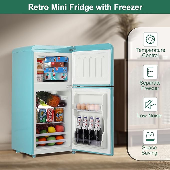 Retro Mini Fridge 3.5 Cu. Ft. Apartment Size Refrigerator with Freezer, 7-Level Adjustable Thermostat Small Retro Refrigerator with Freezer 2-Door Vintage Compact Fridge for Dorm Office RV, Mint Blue