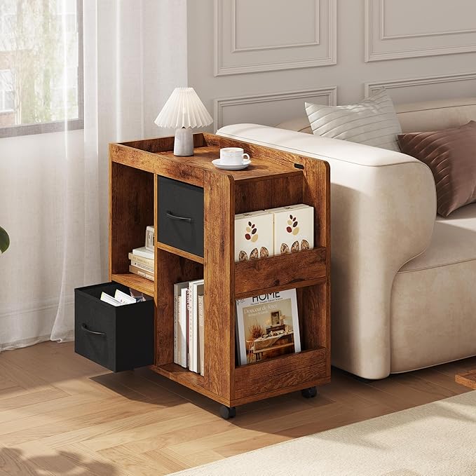 Yaheetech Narrow Side Table with Storage, Wooden Rolling Nightstand Bedside Table with Wheels, Magazine Racks and Open Shelves, End Table with Drawers for Living Room Bedroom, Rustic Brown