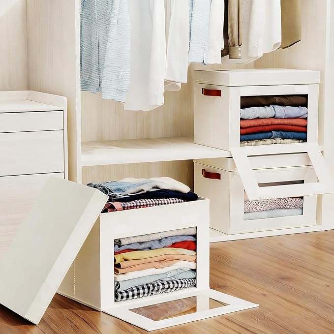 2-Pack Large Storage Bins with Lids,Stackable&Collapsible Closet Storage Bins,Oxford Fabric Organizer Box with Clear Window,Large Decorative Storage Boxes for Closet,Dorm16.5"x11.8"x11"
