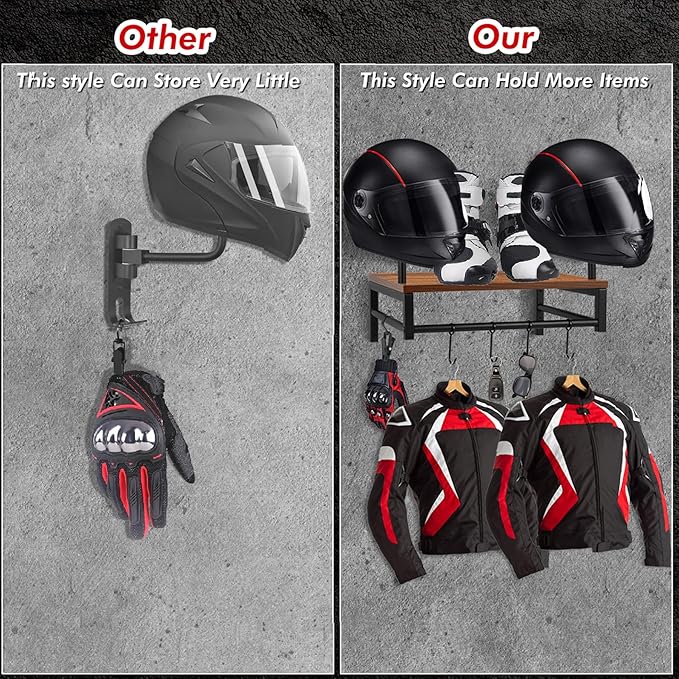 Motorcycle Helmet Holder Wall Mount, Gear Storage Rack with 4 Glove Clips, Wood and Metal Helmet Stand