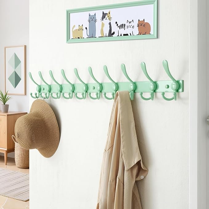 Dseap MaxStrong 2.0 Coat Rack Wall - 37” Long 10 Tri Hooks - Ultra Heavy-Duty Stainless Steel Wall Mount Coat Hanger, Hook Rail for Clothes Hats Jacket Towels Green