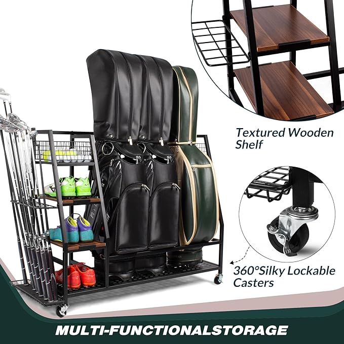 Golf Bags Storage Garage Organizer, Golf Bag Rack Fits 2/3 Golf Bags and Golf Equipment Accessories, Golf Club Storage Stand with Wooden Shelf and Lockable Wheels for Garage Indoor Basement