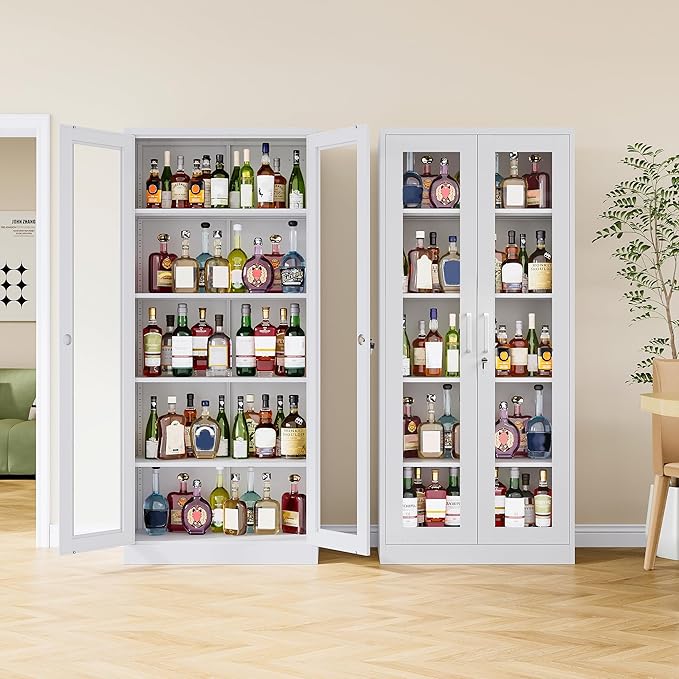Metal Storage Cabinet with Lock and Glass Doors,71" Tall Glass Display Cabinet,White Storage Cabinets,Locking Curio Cabinets with 5 Shelves for Collectibles,Home,Office,Living Room