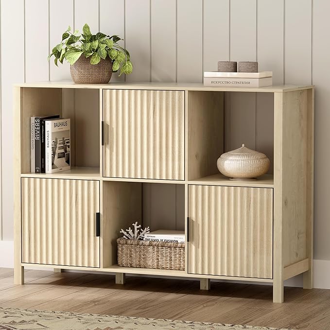 Fluted Storage Bookshelf Set of 2, Modern Wood Floor 6 Cube Bookcase with Doors and Open Shelf, 2-Tier Short Organizer Shelf for Living Room, Bedroom Light Oak