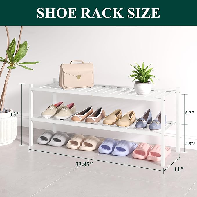 Smiry Bamboo Shoe Rack for Closet, 2 Tier Long Wooden Stackable Shoe Organizer, Free Standing Shoes Storage Shelf for Entryway, Front Door Entrance, White