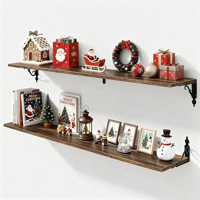 Fun Memories Large Floating Shelves for Wall 48 Inches Long, 8 Inch Deep Shelves with Metal Bracket, 48 Inch Floating Shelves Wall-Mounted, Wide Display & Storage Bookshelves, Rustic Brown, Set of 2