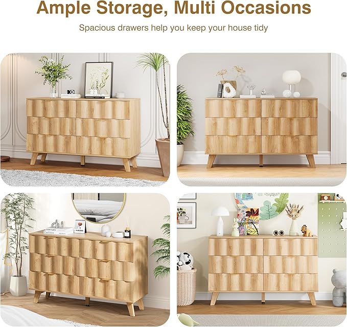 6 Drawer Dresser, Modern Fluted Storage Dresser with Deep Drawers and Metal Handles, Wood Chest of Drawers Storage Organizer for Bedroom, Living Room, Hallway (Natural)