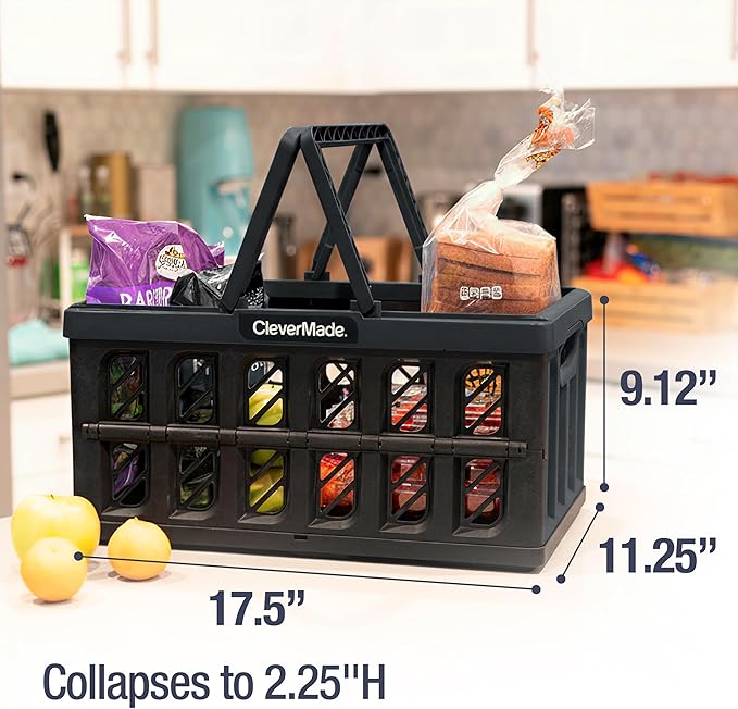 CleverMade Collapsible Shopping Basket, Obsidian, 3PK - 24L (6 Gal) Reusable Plastic Grocery Shopping Baskets, Holds 25lbs Per Basket - Small Foldable Storage Crates with Handles