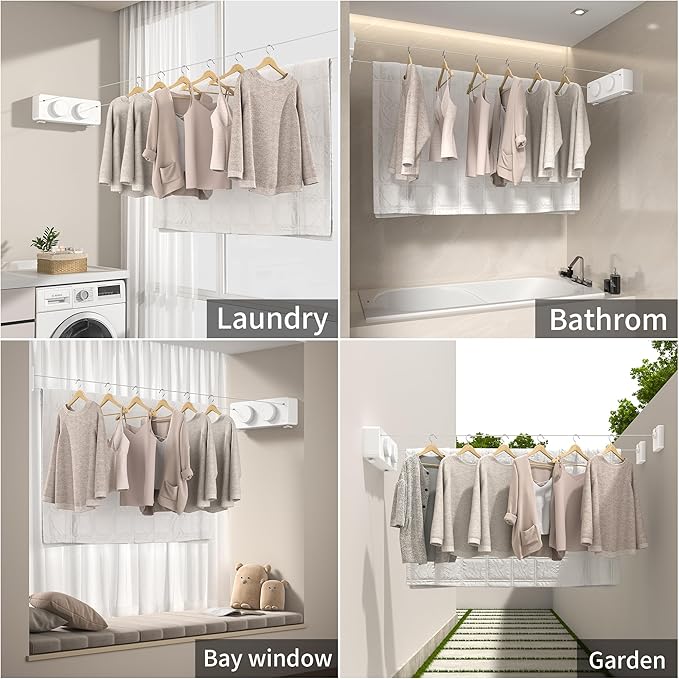 JOOM Retractable Clothesline Indoor Outdoor Clothes Line - Heavy Duty Clothes Drying Laundry Line - Wall Mounted Drying Rack - Air Dry Clothing Lock to Prevent Sagging (Two line,White)