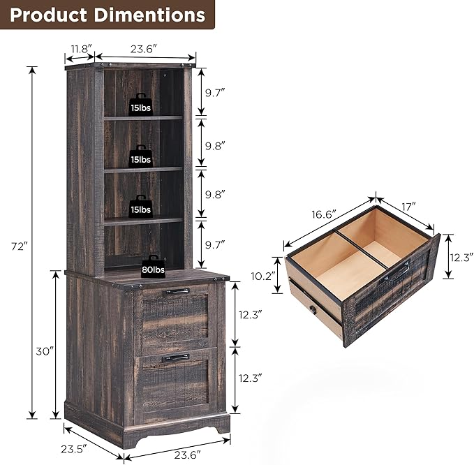 RedLemon Bookcase with 2 File Drawers, 72" Tall Farmhouse Bookshelf with Storage and Adjustable Shelves, 4 Tier Rustic Wood Bookshelf with Cabinet for Home Office, Living Room (Dark Rustic Oak)