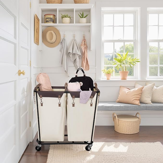 StorageWorks 280L Large Lanudry Hamper with Wheels, Laundry Basket with Wheels 2 Sections, Clothes Sorter Cart with Divider for Hotel, Home, Beige, 1-Pack