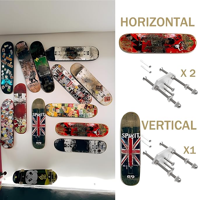 Skateboard Wall Mount Display(6 Packs)-Aluminum Diamond Shape Skateboard Deck Wall Mount with Two Screw Holes for Horizontal and Vertical Hanging Skateboard Display Decor-(Sliver)