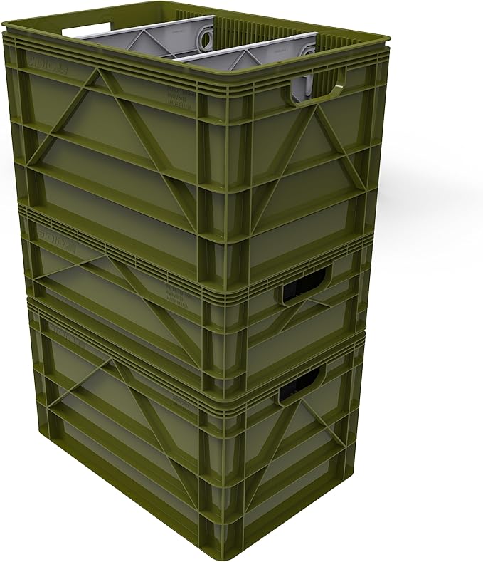 SIDIO Crate Basic Pack - 2 Full-Size & 1 Half-Size Heavy Duty Stackable Storage Bins, Totes and Containers with Dividers - Durable Plastic Organizer for Home, Office, Garage, and Outdoor Use, Green