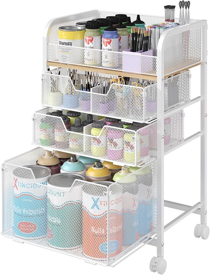 4-Tier Rolling Utility Cart with 3 Drawers - White Craft Organizers and Storage with DIY Dividers, Under Desk Art Supply Storage Organizer with 360° Lockable Wheels for Brushes Artifacts Small Parts